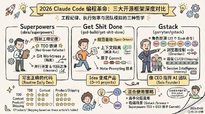 一、Superpowers（obra/superpowers）定位：严格的技术导师 / 资深工程师核心：强制工程纪律 + TDD 自动执法改变我的3个核心技能：• brainstorming：苏格拉底式提问，逼你想清方向• verification-before-completion：防止自欺欺人完成• systematic-debugging：强制根因分析，不许瞎改适合：• 已知要做什么，想把代码写稳、少返工• 追求规范、TDD、高质量交付• 个人开发、偏技术实现二、Gstack（garrytan/gstack）定位：YC 风格虚拟工程团队 / 创业合伙人核心：角色分工 + 流程治理（CEO/PM/架构/QA/发布）最有用3个技能：• office-hours：YC 6问，重新定义产品• plan-ceo-review：CEO视角找隐藏10星产品• design-review：设计维度打分，指明满分标准适合：• 需求模糊、边想边做• 独立开发者、产品经理、做 Demo• 要“从0到1”完整交付产品三、我的最佳实践（组合方案）不是二选一，而是分层使用：1. 想清楚做什么 → Gstack（定方向、产 Spec）2. 把代码做出来 → Superpowers（强执行、保质量）一句话总结：• Gstack 负责想（战略）• Superpowers 负责做（执行）• Superpowers：执行层、工作流、TDD、代码质量• GSD：中间层、上下文、Spec 驱动、防腐烂• Gstack：管理层、角色团队、全流程、产品交付