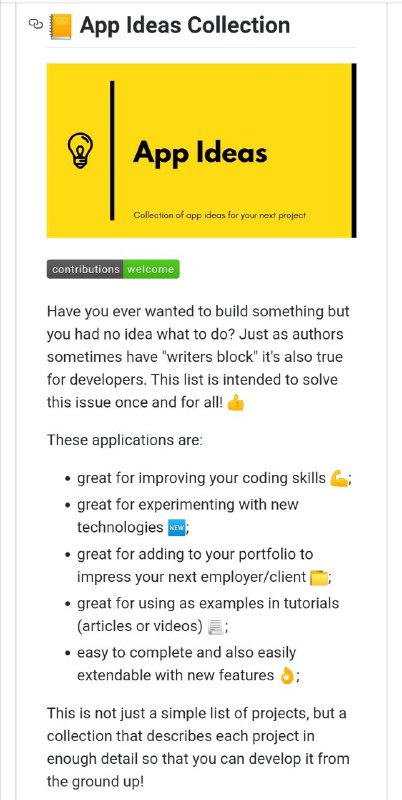 GitHub Repo 此收集了共 86 个可供开发者练习参考的项目创意，其中初级项目 34 个、中级 32 个、高级 20 个，每个项目都有较为详细的项目参考文档