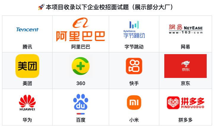 #校招 #面试 2025 最新校招面试题合集 如题，收录 1000+ 道最新且真实的面试题，涵盖阿里、腾讯、字节、美团、百度、华为、小米、英伟达、微软、米哈游等百家企业，每题配备视频解析 or 文字讲解，大部分视频都来自于 B 站 UP 主，对大厂有想法的可以收藏一下，完全免费