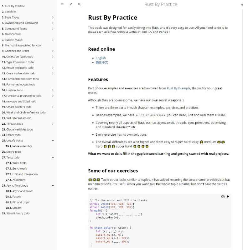 Rust By Practice  #Rust 实战习题集☞每章分为三个部分：示例、练习和实践☞除了示例，还有a lot of exercises，可以在线阅读、编辑和运行它们☞几乎涵盖了Rust的所有方面，例如异步/等待、线程、同步原语、优化和标准库**等
