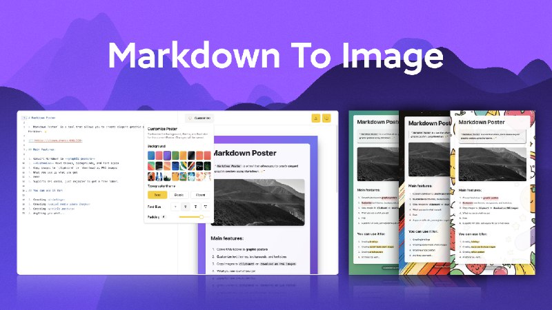 Markdown To Poster：一款将Markdown文本转换成视觉吸引的社交媒体图片的React组件，内置在线编辑器，一键部署，支持自定义模板和主题