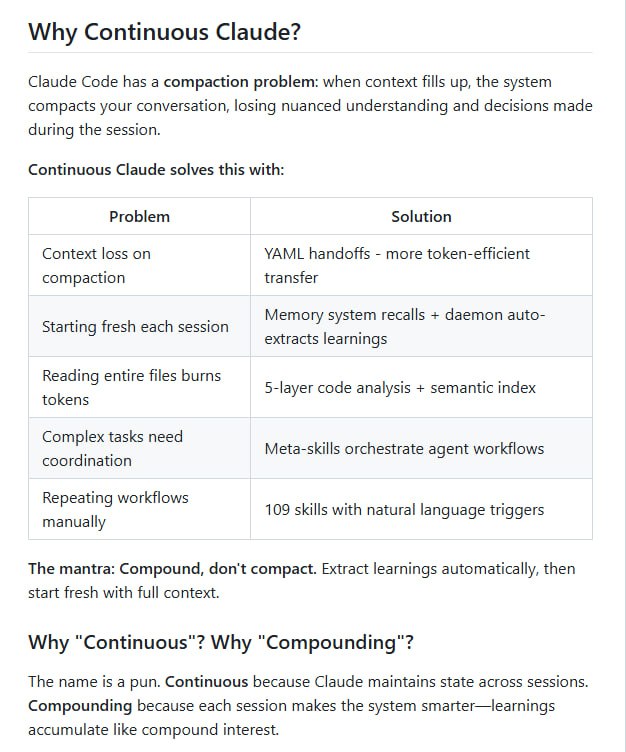 Continuous Claude (v3) 是一个增强 Claude Code 功能的开源项目，它将 Claude Code 转化为一个具备持久性、学习能力和多代理（Multi-agent）协作的开发环境