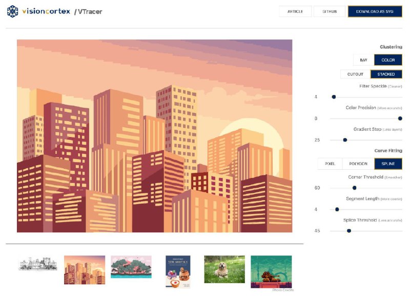 一个比较实用的开源 #工具 ：VTracer可快速将 JPG、PNG 等格式的图片快速转换为 SVG 矢量图，并支持过滤斑点、色彩精度、曲线拟合等多种参数配置