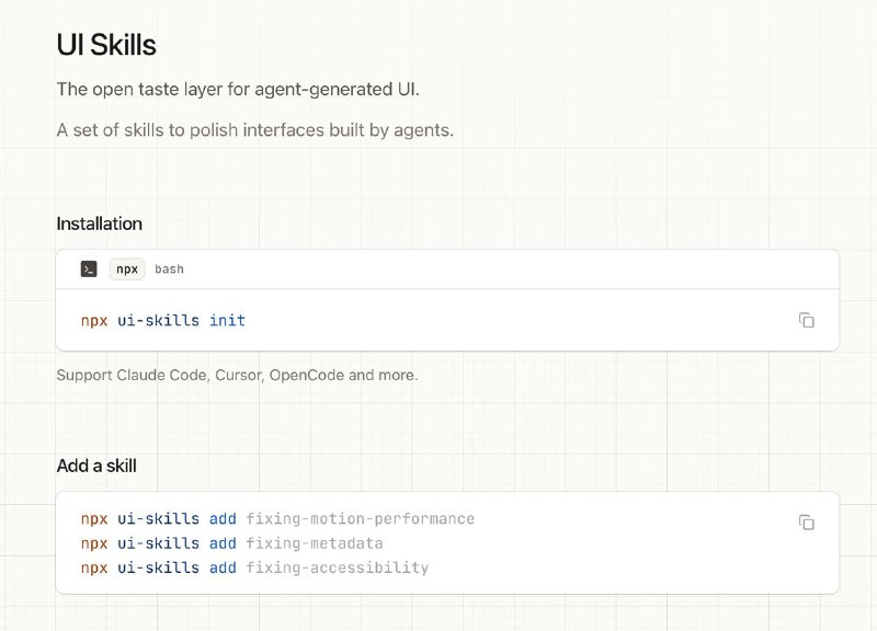 Zola Chat 和 prompt-kit 作者 @Ibelick 沉淀了他使用 Tailwind + shadcn-ui 生态（Base UI）+ framer-motion 进行 AI 编程时的 Skill , 用来约束 AI 过度设计和给出明确的设计方向