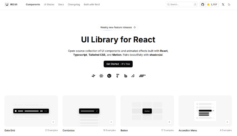 #前端开发 #独立开发站点名称: ReUI描述: 使用 React、Typescript、Tailwind CSS 和 Motion 构建的 UI 组件和动画效果的开源集合
