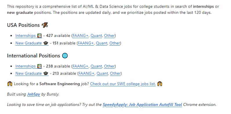 AI求职助手：2025 年 AI/ML 领域的实习和新毕业生职位列表，职位每天都会更新，提供了包括Meta、Google、Amazon等公司的最新职位信息，以及相关的薪资和申请链接