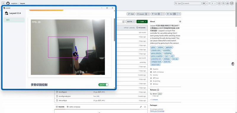 #手势 #隔空控制 #开源 Lazyeat 隔空控制电脑工具，对着摄像头比划手势，就能实现暂停/全屏/切换视频等操作，避免吃饭时看剧/刷网页不方便控制电脑，支持单指滑动控制光标、双指鼠标单击、四指并拢发送、语音输入等，免费开源，适用于 Windows 和 Mac 系统