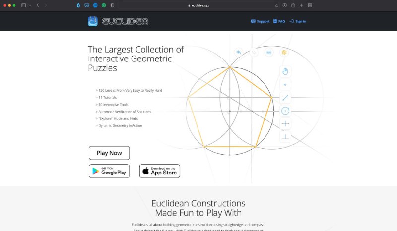 一个数学教学游戏网站，可以在线尺规作图Euclidea是关于使用直尺和圆规建造几何结构的工具