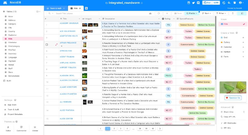 NocoDB：Airtable的开源替代品，将 MySQL、PostgreSQL、SQL Server、SQLite 或 MariaDB 转换为在线智能电子表格特征丰富的电子表格界面1.轻松搜索、排序、过滤、隐藏列2.创建视图：网格、画廊、看板、表格3.共享视图：公共和密码保护4.个人和锁定视图5.将图像上传到单元格（适用于 S3、Minio、GCP、Azure、DigitalOcean、Linode、OVH、BackBlaze）6.角色：所有者、创建者、编辑者、查看者、评论者、自定义角色