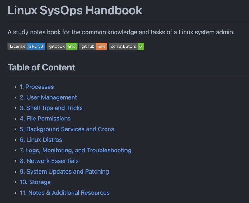 GitHub上一本开源技术教程《Linux系统操作手册》（Linux SysOps Handbook），主要介绍了 #Linux 系统常用的管理技术与运维 #工具书中包括系统用户权限管理、Shell 使用技巧、文件权限设置、后台管理任务设置、日志记录的监控与分析等知识 #手册