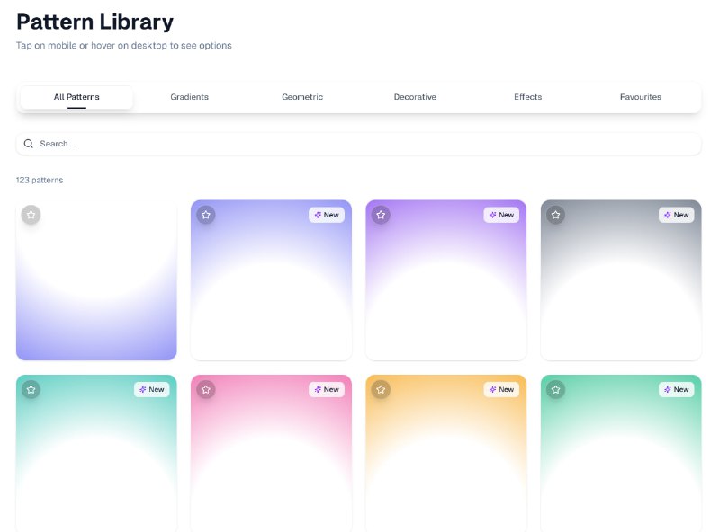 PatternCraft：专业级背景图案与渐变资源库，助力网站与应用界面设计升级：• 超过100+现代CSS背景图案和渐变代码，支持即时复制粘贴，兼容Tailwind CSS与JSX环境  • 设计风格时尚，响应式自适应，适合React、Next.js、Vue、Angular等主流前端框架  • 零依赖纯CSS实现，无需额外库，性能优异，跨浏览器兼容性强  • 实时预览功能，便于快速筛选与定制，支持收藏喜爱样式，提升开发效率  • 结构清晰，分类细致，方便查找渐变、几何、装饰、效果等多种风格背景  • 可通过调整渐变色值、尺寸、层叠顺序等轻松自定义，满足多样化视觉需求  • 基于Next.js 14、TypeScript与Tailwind CSS构建，Vercel全程托管，保证速度与稳定性  • 开源MIT协议，社区活跃，支持贡献新图案，持续丰富设计资源库  将设计与开发无缝结合，提升项目品质与体验，节省重复造轮子时间