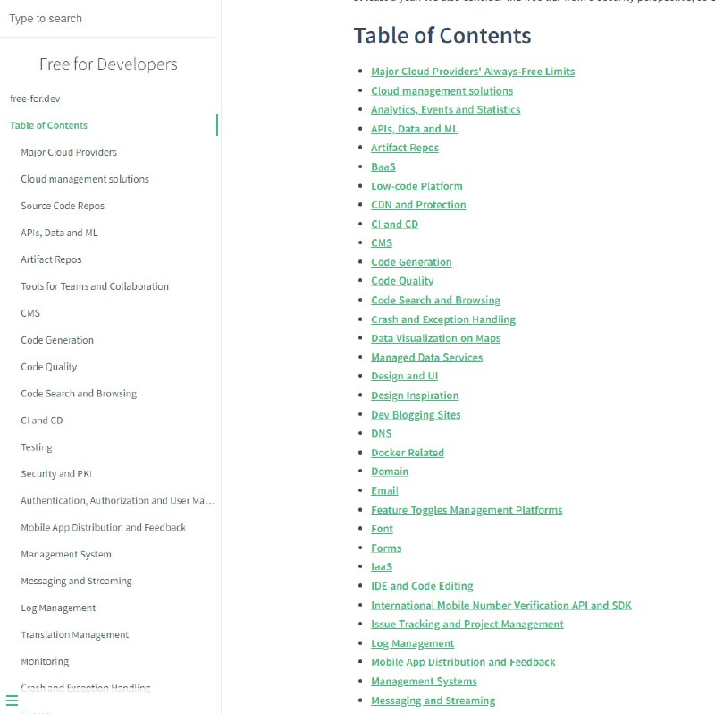 程序员开源免费的资源列表：free-for.dev这是为开发人员提供免费套餐的软件（SaaS、PaaS、IaaS 等）和其他产品的列表