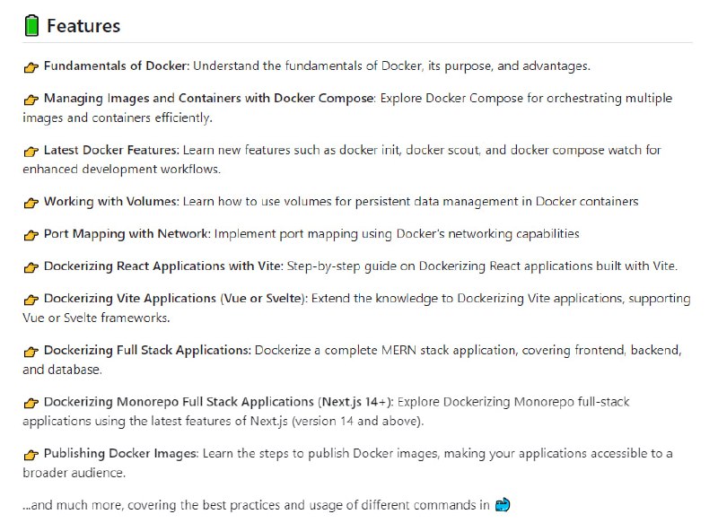 Docker Crash Course：关于Docker的完整教程，包含了使用不同技术栈构建的各种应用的Docker化实例，涵盖了Docker的基础知识、镜像和容器的管理、最新的Docker特性等内容