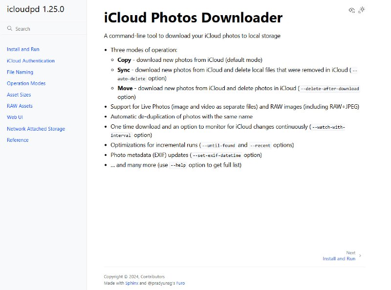 #iCloud iCloud Photos Downloader iCloud 照片下载工具，可用于照片迁移和备份，支持复制、同步和移动三种操作模式，支持实况照片和 RAW 图像、自动删除同名照片、增量下载等，完全免费，适用于 Linux、Windows 和 macOS 系统