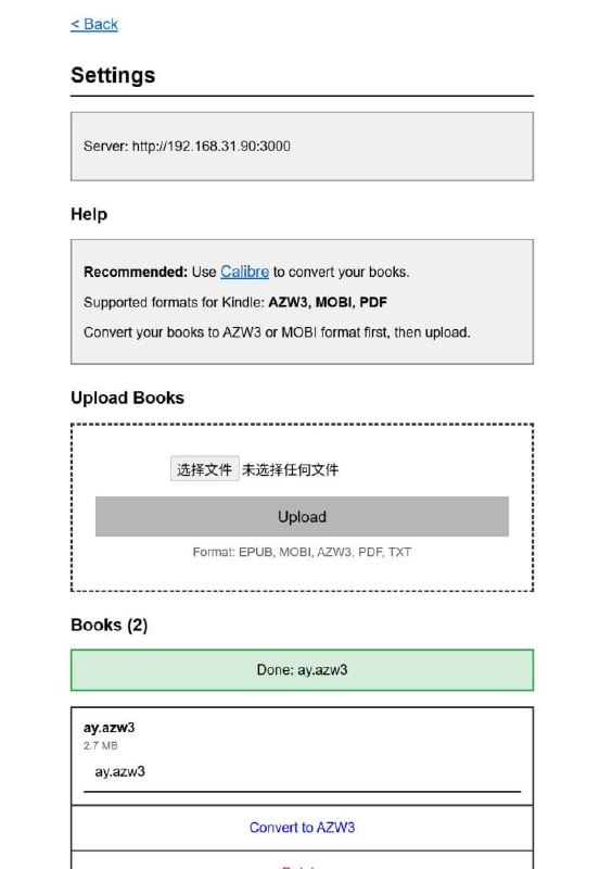 #Kindler #Kindle传书 #Node.js #Calibre #电子书转换 #TGAgentKindler是一款Kindle局域网传书开源工具，需配合Node.js和Calibre使用，可在局域网内通过浏览器向Kindle上传、下载电子书，支持EPUB、MOBI、AZW3、PDF、TXT等常见格式，也可调用Calibre的ebook-convert命令行工具一键将书籍转换为AZW3格式，中文文件名可能出现下载异常，项目免费开源
