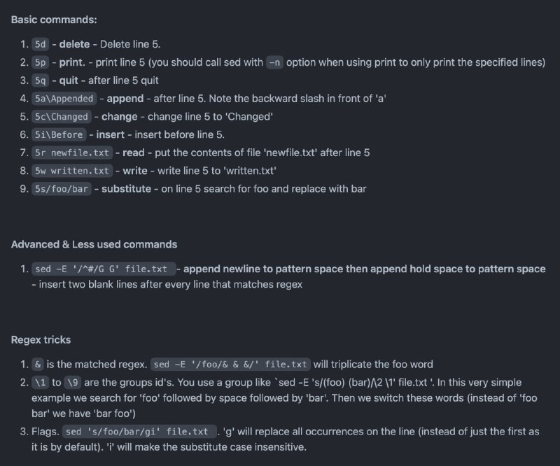 Linux sed #命令行 常用汇总：useful-sed，收集了 sed 命令行的诸多常见用法，可用于快速处理文本文件