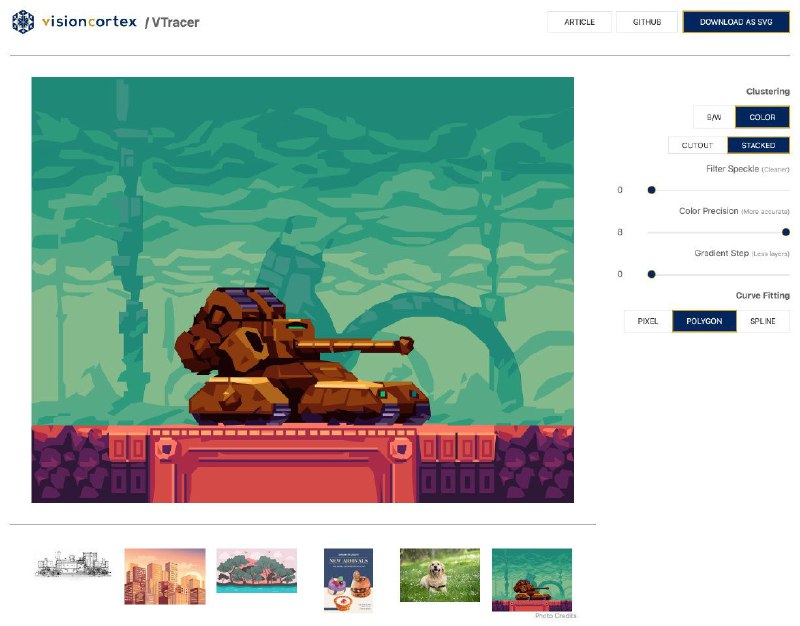 一个比较实用的开源 #工具 ：VTracer可快速将 JPG、PNG 等格式的图片快速转换为 SVG 矢量图，并支持过滤斑点、色彩精度、曲线拟合等多种参数配置