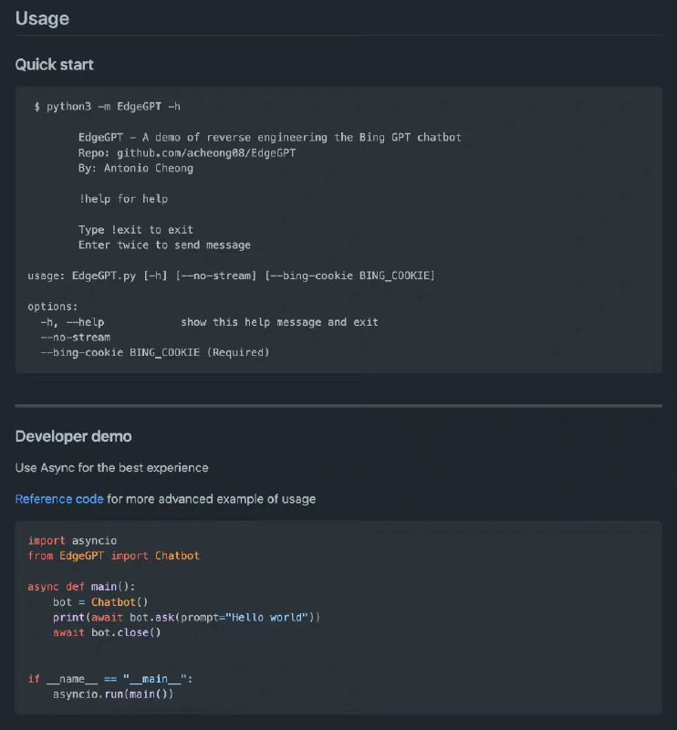 微软 Bing Chat 的逆向工程 API：Edge GPT，利用该接口，开发者可自行搭建 EdgeGPT 聊天机器人，自定义智能搜索功能