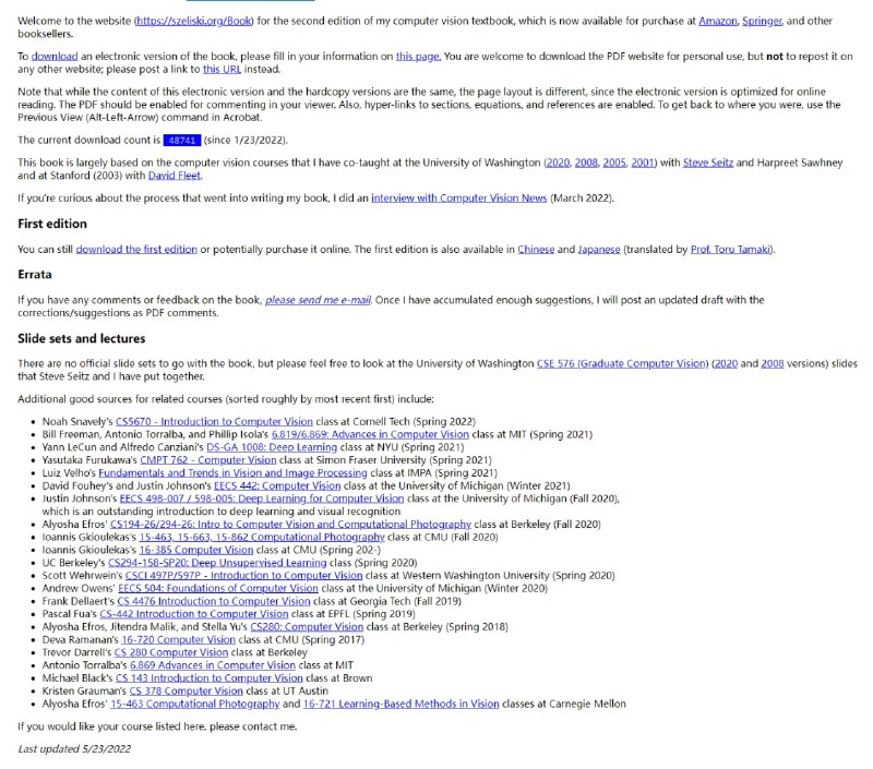 计算机视觉：算法与应用(第二版)传送门 | 第一版 | #计算机视觉 #电子书