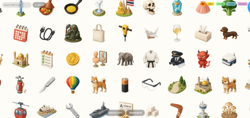 #图标 #LOGO The Thiings Collection 一套拟物风格的图标集，设计非常精美，可用来做图标或者 LOGO，下载格式为 PNG，且背景为透明，方便作为素材使用，可用于个人和商用，完全免费，无需注册