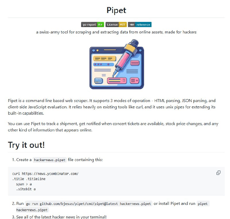 Pipet：网络数据抓取神器，专为黑客设计，支持HTML解析、JSON解析和客户端JavaScript评估，让你轻松追踪信息变化