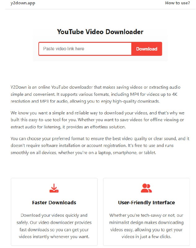 #下载·视频 #极客下载站点名称: YouTube 视频下载器描述: Y2Down 提供快速便捷的 YouTube 视频下载器，让您可以免费下载各种分辨率（如 1080p 和 4K）的 YouTube 视频