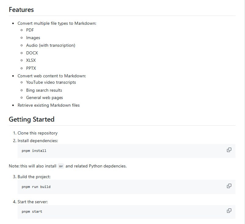 Markdownify MCP：将几乎所有内容轻松转换为Markdown格式支持多种文件类型，包括PDF、音频、图片等；轻松将网页内容（如YouTube视频、Bing搜索结果）转为Markdown；