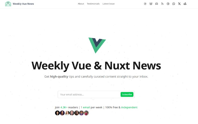 #Newsletter #极客订阅站点名称: Vue 每周新闻 |Vue 每周新闻 --- Weekly Vue News | Weekly Vue News描述: 这份每周一次的Vue & Nuxt新闻通讯为您提供高质量的提示和精选内容，帮助您成为Vue & Nuxt专家