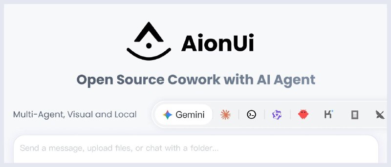 #AI #CLI #客户端 #开源 AionUi 命令行 AI 工具的图形化界面客户端，以直观的聊天界面替代传统终端交互，支持多会话并行、永久本地历史存储、智能文件批处理、Excel 处理与文件内容分析、以及 AI 图像生成与编辑等功能，支持 Gemini CLI、Claude Code、Qwen Code、Codex 等平台，且可自动识别本地 CLI 工具，所有对话和文件都保存在本地，免费开源，适用于 Windows、macOS、Linux 系统
